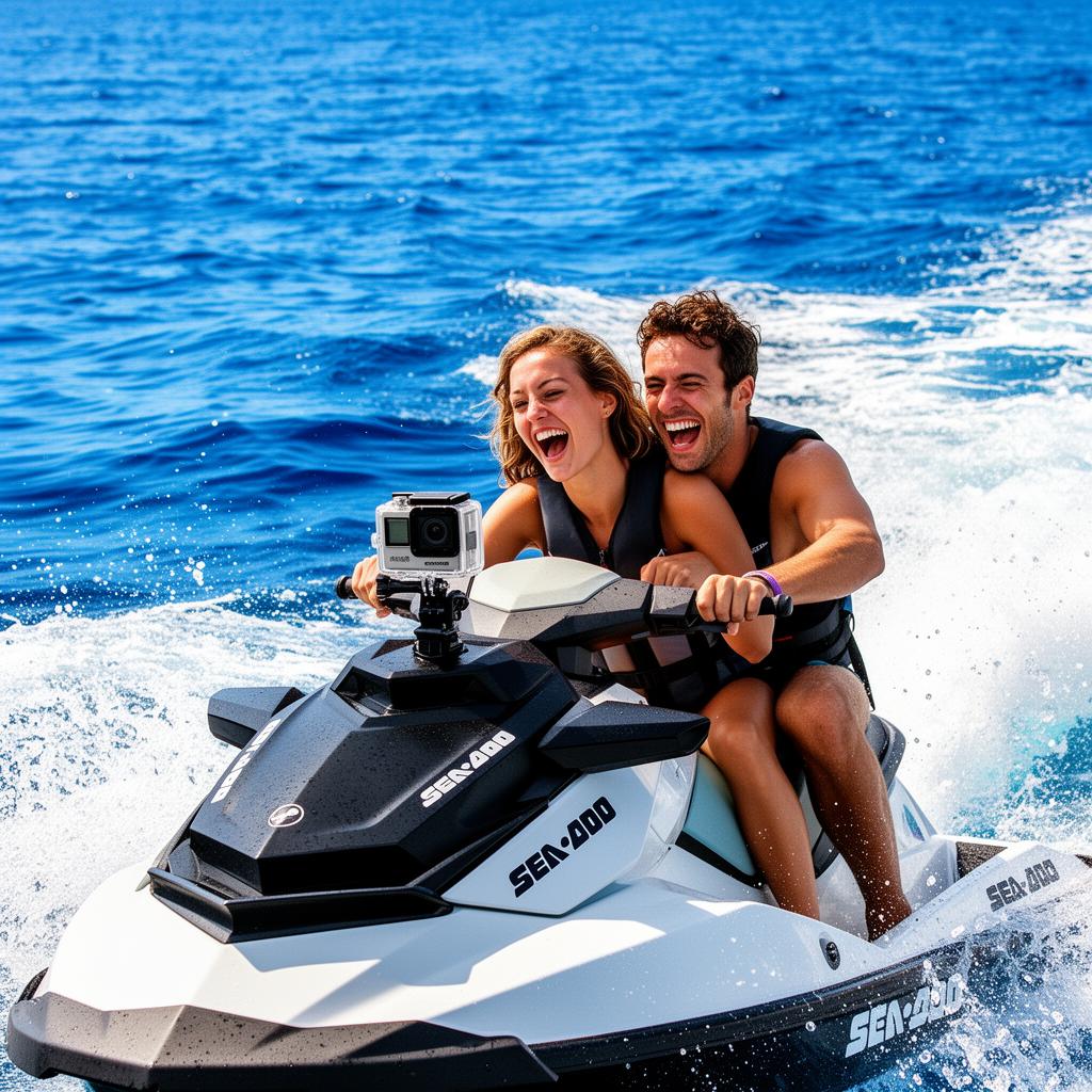 Couple s'amusant en jet ski Sea-Doo avec une GoPro fixée à l'avant